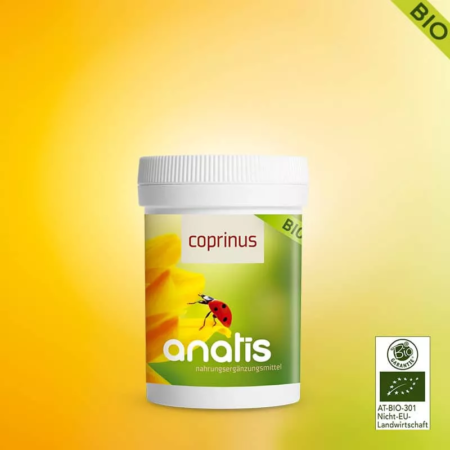 Weiße Dose des Nahrungsergänzungsmittels anatis Coprinus Pilz Bio, 90 Kapseln mit grün‑braunem Etikett; auf dem Etikett steht der Produktname ‚Coprinus Pilz Bio‘, darunter Hinweis auf 90 Kapseln und das anatis‑Logo.
