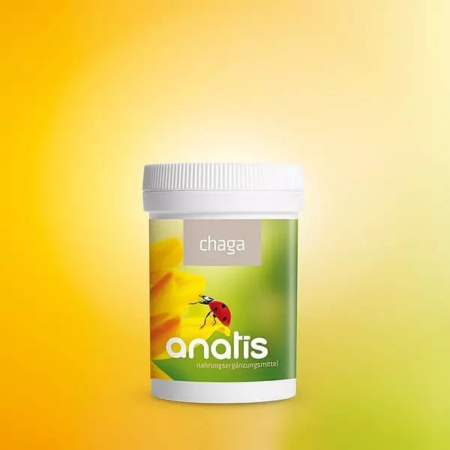 Verpackung des Nahrungsergänzungsmittels anatis Chaga Pilz 90 Kapseln: weiße Dose mit grün‑braunem Etikett und dem Produktnamen ‚Chaga Pilz BIO‘ deutlich lesbar; Nahrungsergänzung mit Bio‑Chaga‑(Inonotus obliquus)‑Pilzpulver, 90 Kapseln à ca. 400 mg in pflanzlicher Kapselhülle.