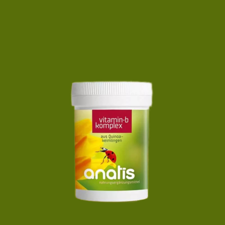 Verpackung des Nahrungsergänzungsmittels anatis Naturprodukte Vitamin‑B‑Komplex, 90 Kapseln: weiße Dose mit grün‑gelbem Etikett, auf dem der Produktname ‚vitamin‑b komplex‘ und das anatis‑Logo mit einem Marienkäfer zu sehen sind; Nahrungsergänzung mit pflanzlichem Vitamin‑B‑Komplex aus Quinoakeimlingen.