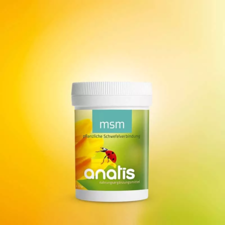 Verpackung des Nahrungsergänzungsmittels anatis Naturprodukte MSM Schwefelverbindung, 60 Kapseln: weiße Dose mit grün‑gelbem Etikett, darauf der Produktname ‚MSM Schwefelverbindung‘ und Hinweis auf 60 Kapseln; Nahrungsergänzung mit Methylsulfonylmethan in pflanzlicher Kapselhülle.