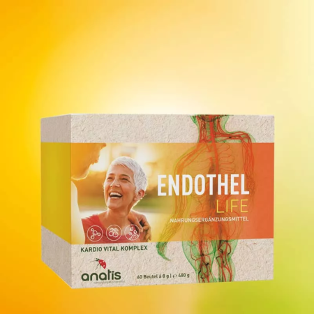 Packung des Nahrungsergänzungsmittels Anatis Endothel Life – rechteckige Karton- oder Beuteldarstellung mit Produktname ‚Endothel Life‘, Hinweis auf 60 Beutel, abgebildete Zutaten bzw. Grafikelemente, die den Produktzweck als Aminosäuren- und Vitalstoff-Pulver für den täglichen Gebrauch visualisieren.