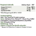 roduktetikett eines Nahrungsergänzungsmittels mit Nährwertangaben zu Vitamin D3 (2000 IE), Vitamin K2 und Goji-Beeren-Pulver sowie Angaben zur Einnahmeempfehlung und Zutatenliste.